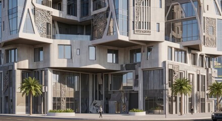 Obraz premium Striking modern building with a complex facade of concrete and glass, featuring palm trees at its entrance.