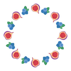 figs, blueberries. Cute round vector frame template of tropical fruits on white background in flat style