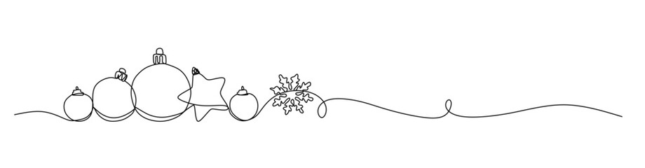 Christmas tree ornaments  snowflakes of one continuous line. New Year%27s decoration. Festive xmas card. Vector editable illustration