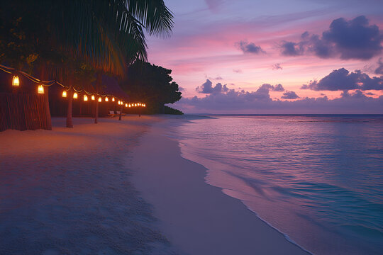A tranquil beach scene at dusk with a string of lights illuminating the shoreline, palm trees, and a colorful, cloudy sky over the calm ocean. - Powered by Adobe