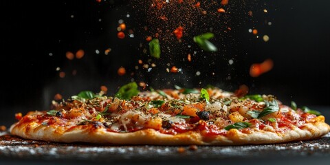 Mouthwatering pizza with toppings falling, perfect for menus, advertising, and food blogs