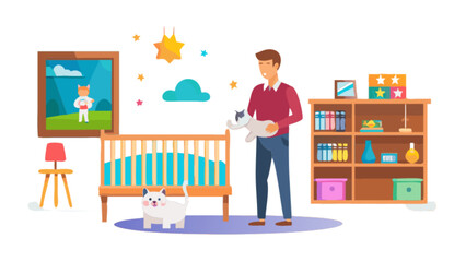 Father in nursery room holding plush toy near baby crib and cat for family parenting concept vector