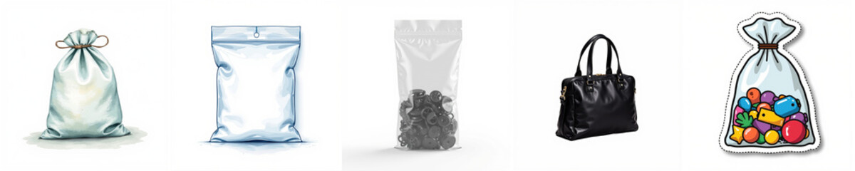 Naklejka premium Assorted bags including clear plastic, grocery, and gift bags 