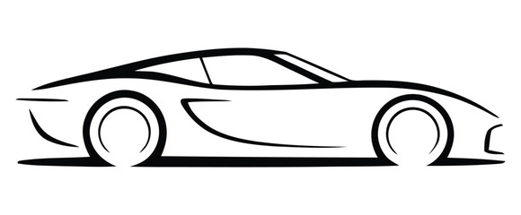 Side-view sports car silhouette icon in black line art with low-profile design, large wheels, and spoiler for racing, transport, and speed themes © Zavivec