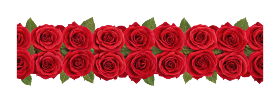 Seamless border of vibrant red roses with green leaves