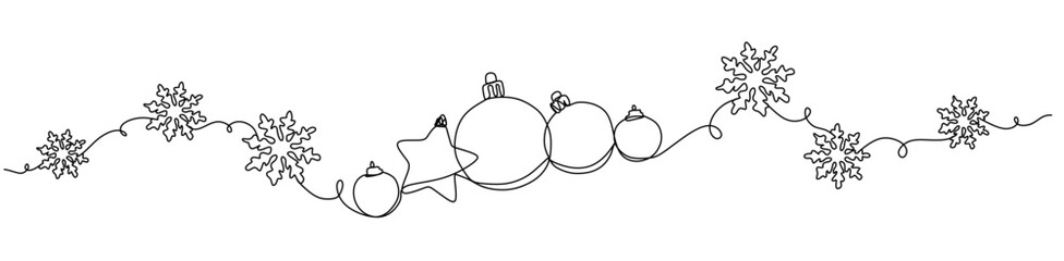 Christmas tree ornaments  snowflakes of one continuous line. New Year%27s decoration. Festive xmas card. Vector editable illustration