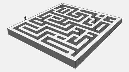Solve this square maze puzzle challenge with a tiny person in a complex labyrinth for strategic thinking