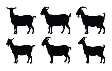 Goat silhouette icon set in black with six unique poses highlighting horns, body posture, and rural themes in clean minimalist line art style