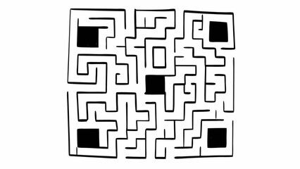 Find the solution to this complex maze puzzle game with black squares in this intricate line art design