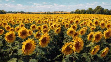 Obraz premium Expansive sunflower field under a partly cloudy sky