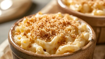 Creamy Macaroni and Cheese with Breadcrumbs in a Ceramic Bowl