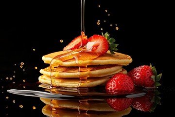 Delicious pancakes with fresh strawberries and maple syrup for breakfast or dessert, ideal for culinary projects
