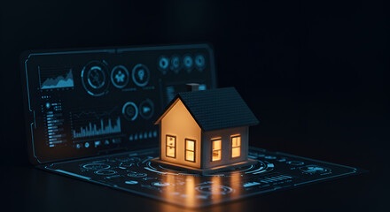 Futuristic smart home concept with data dashboard for energy efficiency and automation