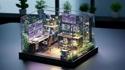 Miniature Trading Room: Conceptual Workspace with Computers and Plants in a Glass Box - Powered by Adobe