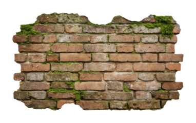 Old brick wall with moss patches and weathered texture