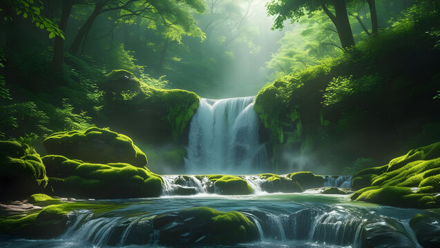 Autumnal waterfall with colorful leaves and rocks in a forest setting full of fall tones
