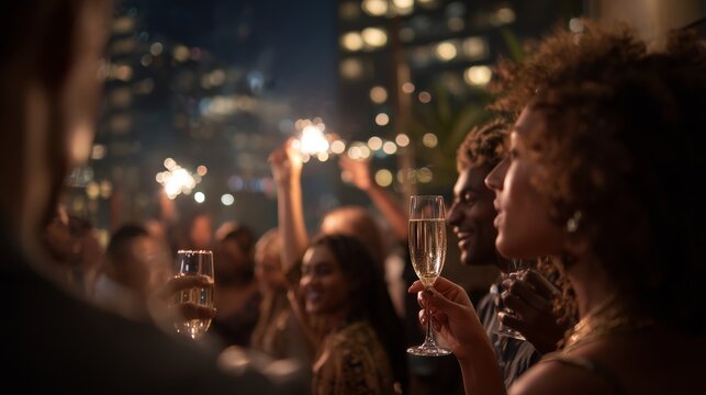 Celebration with sparkling drinks and cheerful guests at a city rooftop party during a summer night