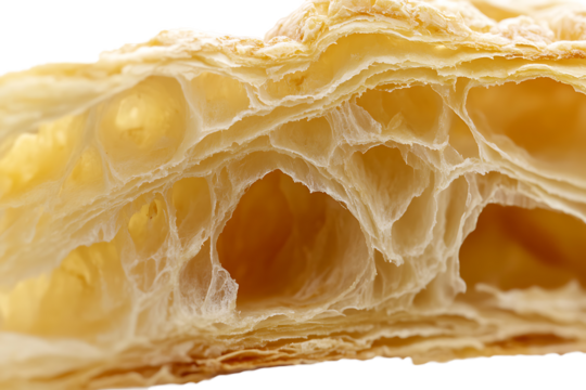 Close-up of a freshly baked croissant showing soft inner layers, isolated on transparent background