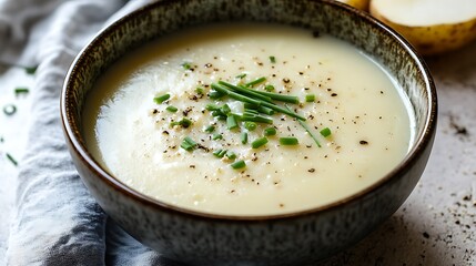 Creamy Potato Soup Garnished with Chives and Black Pepper in a Ceramic Bowl