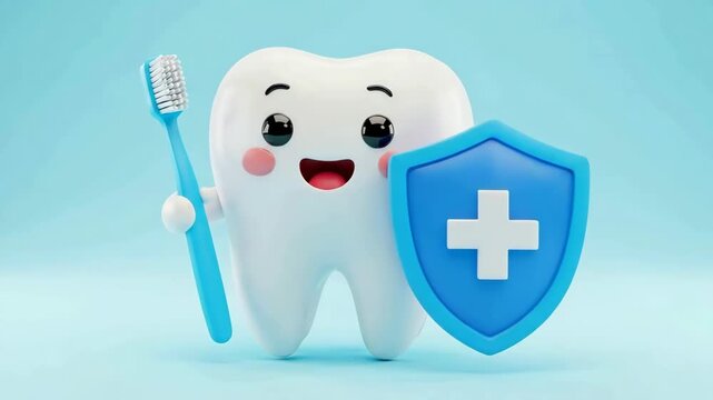 Cute cartoon tooth holding a toothbrush and shield, symbolizing dental health, oral hygiene, and strong tooth protection