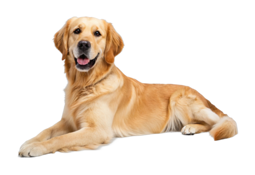 Golden retriever lying down with relaxed and happy expression