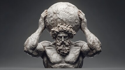 Ancient statue of Atlas struggling under the weight of the world, carved in detailed marble with weathered textures.