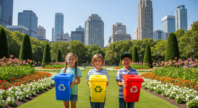 Three happy children holding colorful recycling bins in a vibrant city park, symbolizing environmental education and sustainable living.