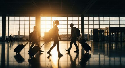 Silhouettes of diverse travelers with luggage walking through a bright airport terminal at sunset, symbolizing global journeys and modern transportation