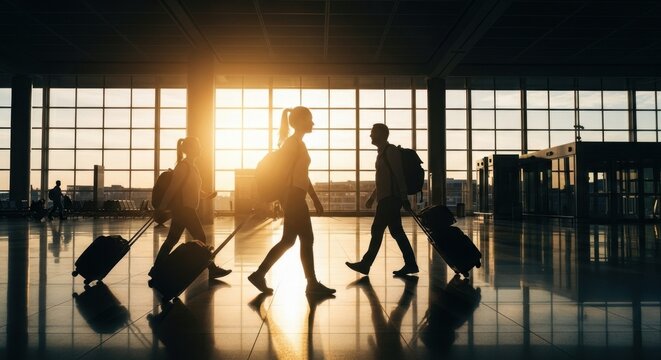 Silhouettes of diverse travelers with luggage walking through a bright airport terminal at sunset, symbolizing global journeys and modern transportation