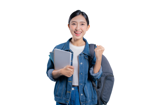 A successful and excited young Asian student holding notebooks and cheering with a triumphant fist pump.on png 