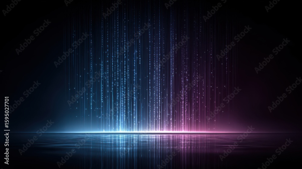 Poster blue and purple gradient tech background with futuristic binary code patterns and light streaks.