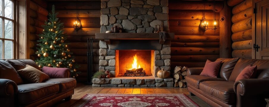 A cozy fireplace warms a rustic room, casting a warm glow on wooden beams and stone walls Perfect for autumn, winter, or hygge-themed projects , warmth, heat, stone wall - Powered by Adobe