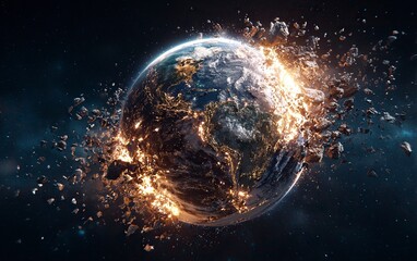 The Earth being destroyed by an asteroid, hyper-realistic, cinematic, dark background. The planet Earth is burning and falling apart into shards of glass. Black space with stars in the sky, high resol