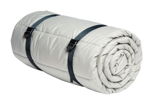 Rolled sleeping bag with straps for camping or outdoor use