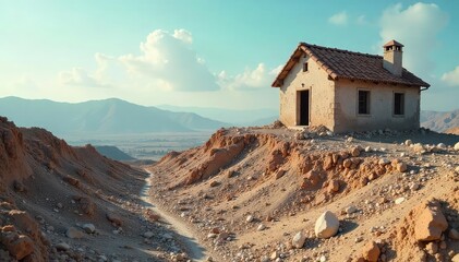 A lone, damaged house stands amidst a cracked earth landscape, the aftermath of a devastating earthquake; a powerful visual representation of isolation and destruction , despair, tremor