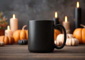 Cozy Halloween Black Mug With Blank Surface Surrounded By Mini Pumpkins Burnt Candles And Fall Foliage On Rustic Table Under Moody Lighting Perfect For Seasonal Mock‑Up