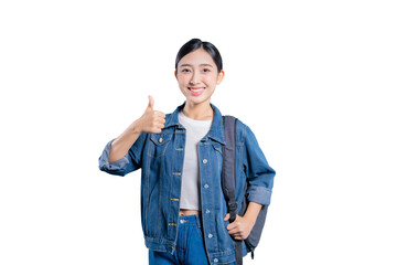 A cheerful young Asian student giving a thumbs-up gesture to show approval, success, or agreement.on png 