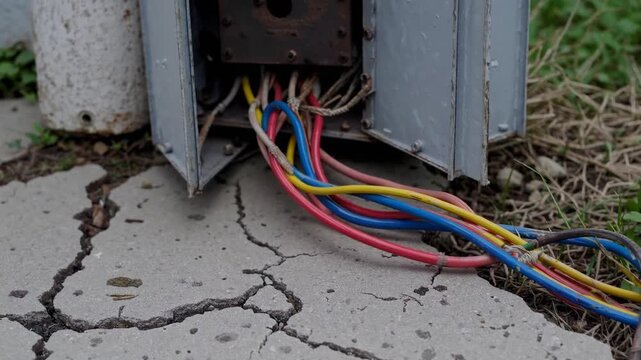 damaged outdoor electrical box with exposed wiring near sidewalk