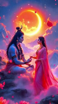 Indian Hindu deities Shiva Parvati divine love, mystical celestial scene. Spiritual connection, cosmic harmony, meditating god goddess. Indian mythology, traditional religion, serene. Holding Hands.