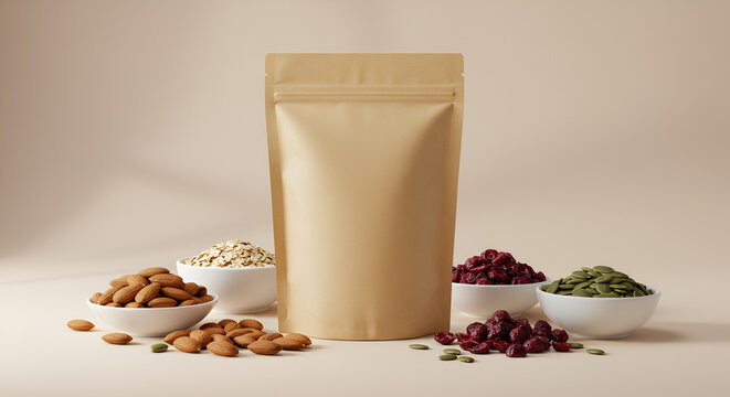 Premium snack packaging mockup showcasing healthy nuts and dried fruit ingredients