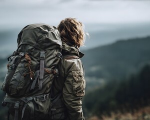 side view of traveler preparing hiking backpack, natural light,