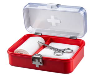 Portable First Aid Kit with Transparent Lid Showing Contents, isolated on a transparent background.