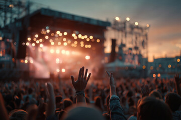 Cheerful crowd enjoying vibrant outdoor summer festival at sunset