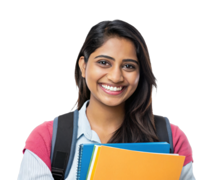 Young asian female student smiling with books and backpack