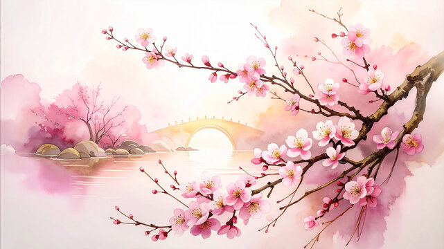 Chinese ink style watercolor Cherry Blossom