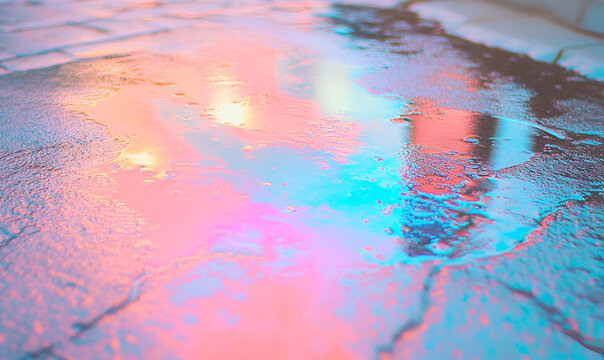 Reflective puddle on a wet cobblestone street, displaying vibrant neon colors and light. - Powered by Adobe
