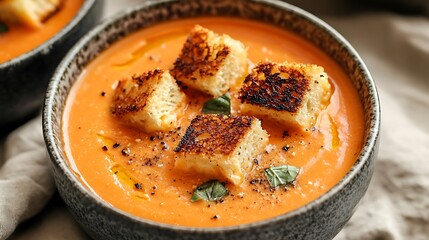 Creamy Tomato Soup with Crispy Croutons in a Ceramic Bowl