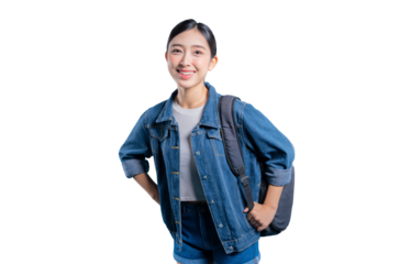 Asian student looking away with an excited and happy expression, ready for a new day at university. on png 
