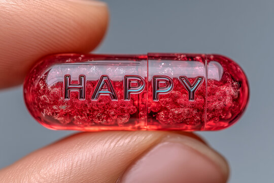 Minimalist Red Pill with “HAPPY” Text – Emotional Wellness Symbol – Generative AI