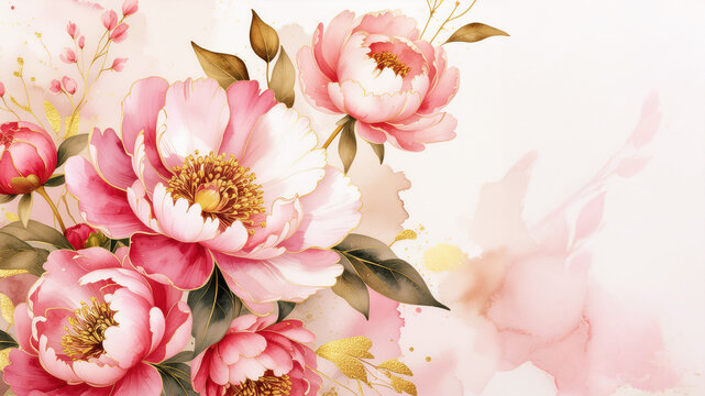 Chinese ink style watercolor an elegant floral arrangement of peony blossoms